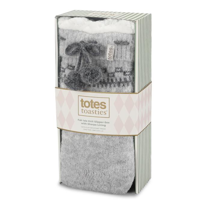 totes toasties® Ladies Fair Isle Chenille Slipper Socks Grey Extra Image 1
